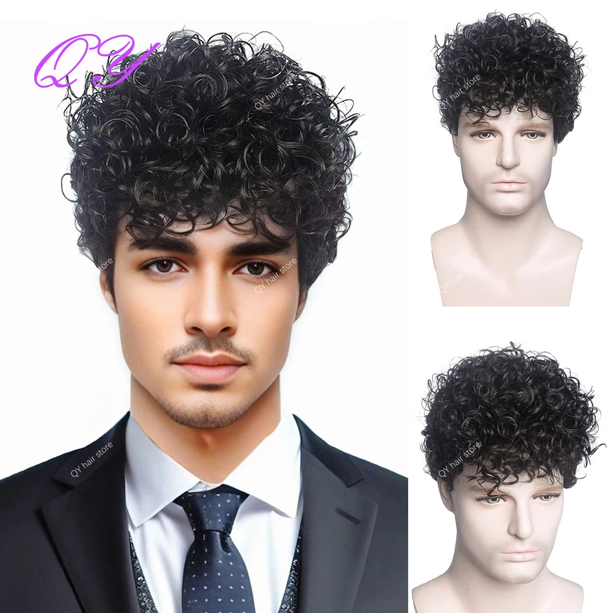 Cheveux courts bouclés synthétiques pour hommes, ultraviolets bruns, style tendance, taille réglable, respirant, 2023, #4