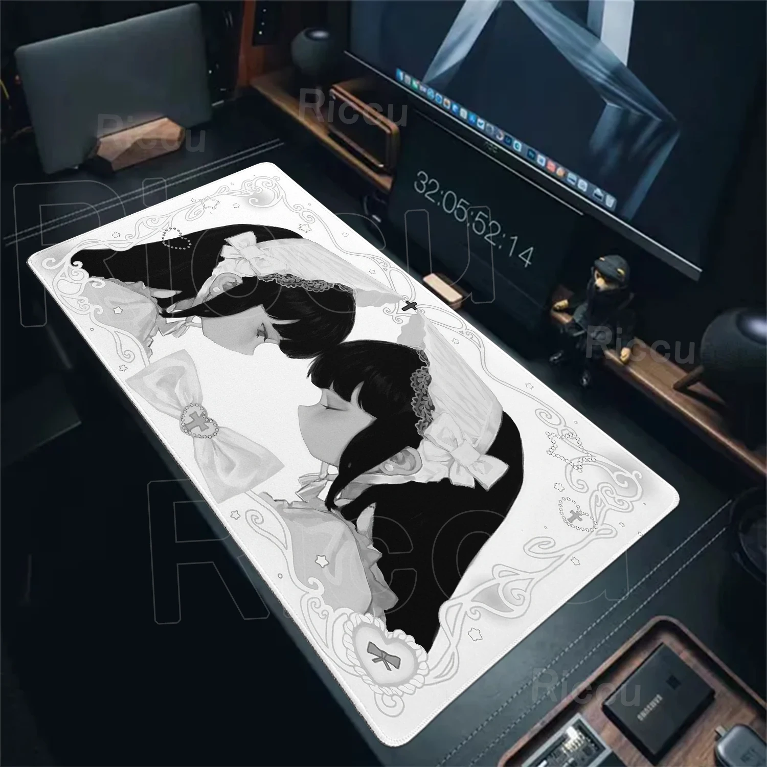 Black And White Mousepad Aesthetics Anime Girl Dark Angel Mouse Pad Office accessories Gamer Pads Non-Slip XXL Gaming Desk Mat