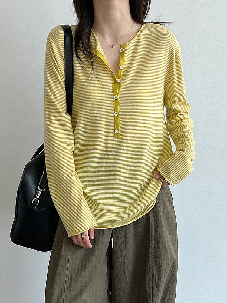 Women Yellow Button Striped Thin Big Size T-shirt New Round Neck Long Sleeve Fashion Tide Spring Autumn