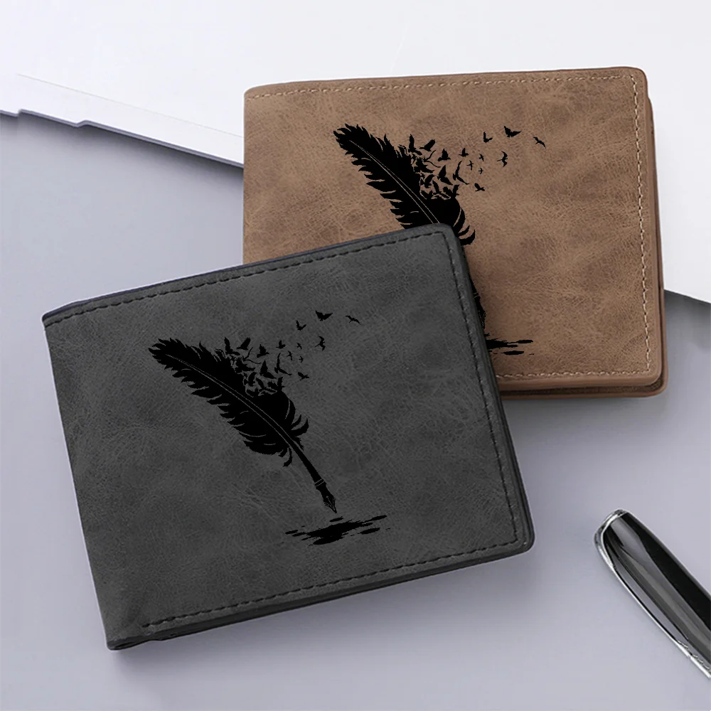 محفظة رجالية جديدة بنمط ريش الملاك الأسود الفاخر مع فتحات بطاقات متعددة وجيب للعملات المعدنية وسحاب محفظة صلبة للرجال