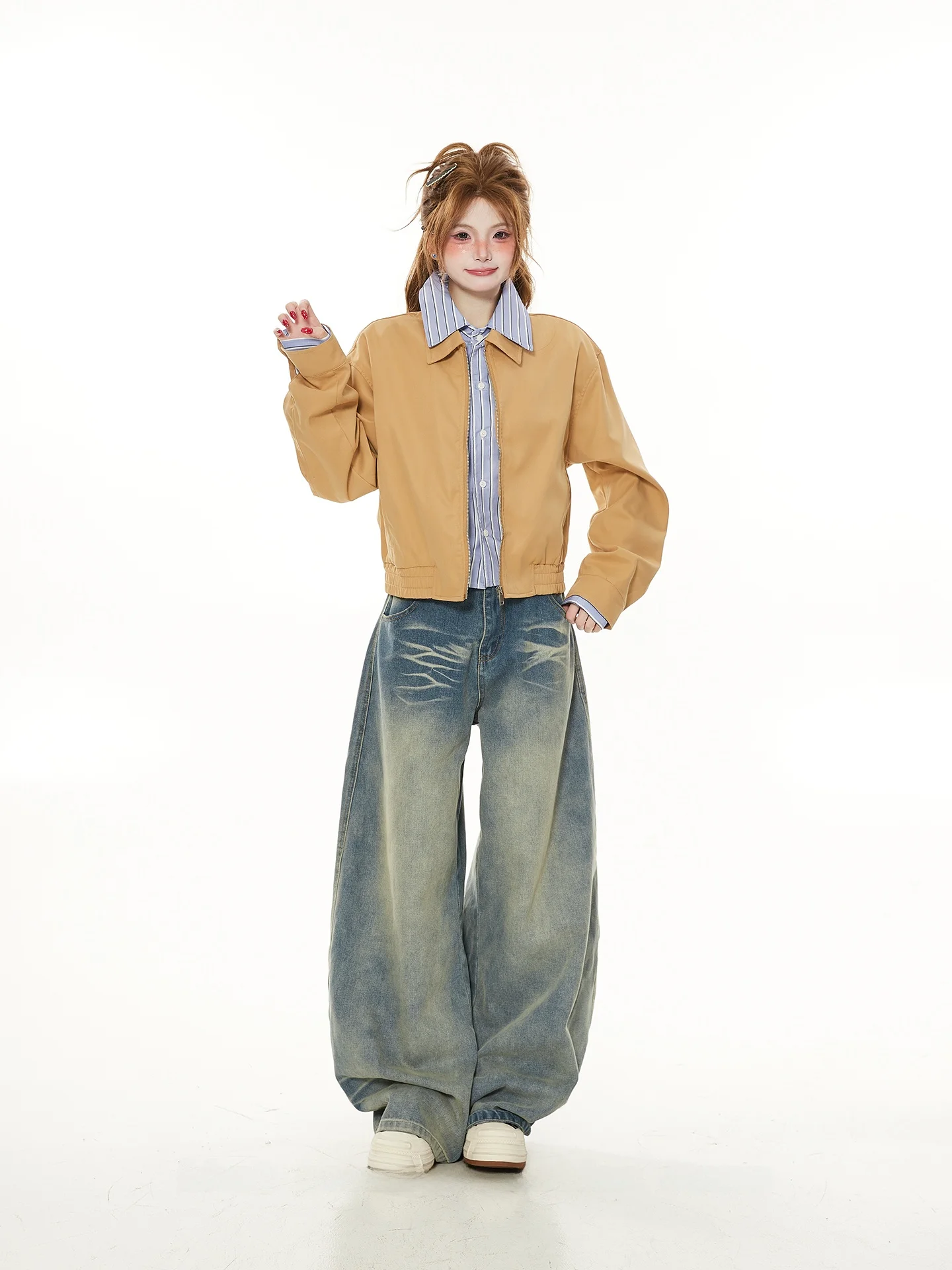 

American Retro Striped irt Patchwork ort Jaet Women's Spring Autumn Casual Versatile Fake Two-Piece Jaet Trendy