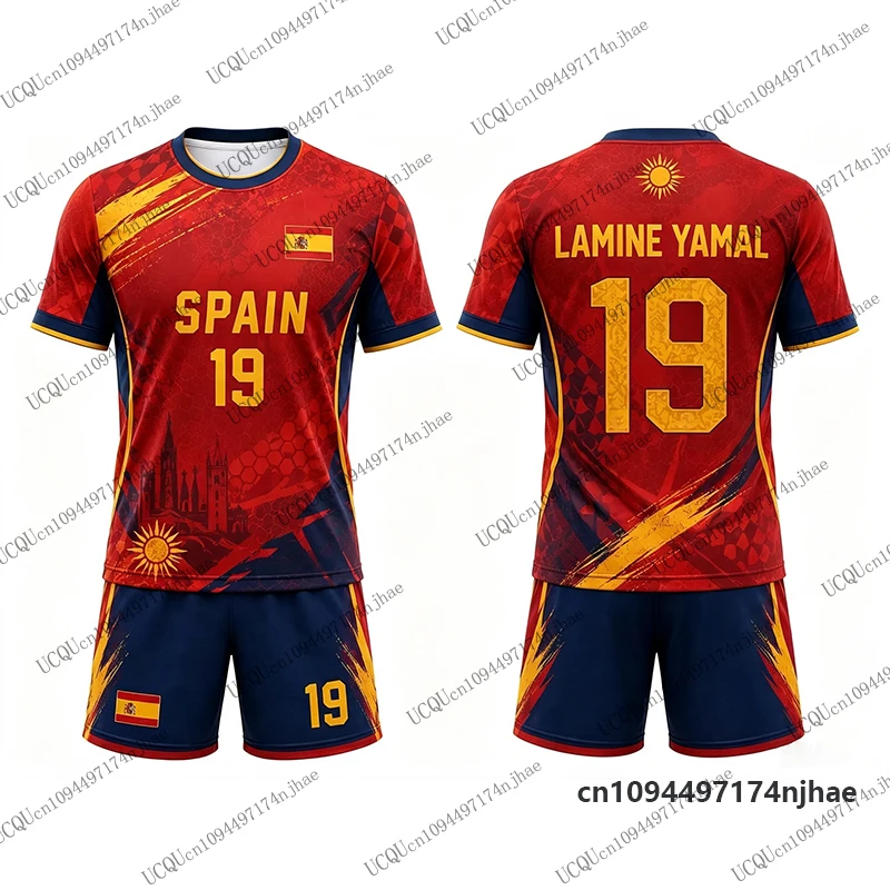 2026 Children's Tracksuit Football Jersey Yamal No.19 Print T-Shirt+Shorts Sets Spain Fans Suit Sports Kids/Adult 2 PCS Outfits
