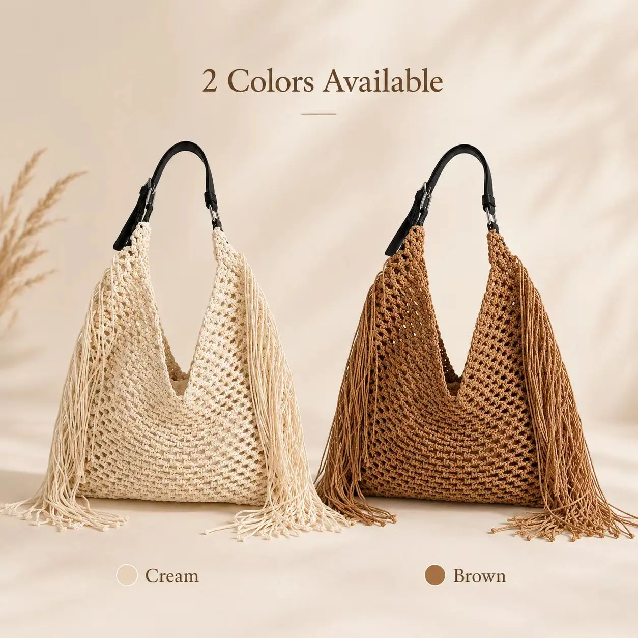 Summer Vacation Style Fringe Woven Bag Hollow Mesh Straw Shoulder Bag Casual Beach Tote Bag