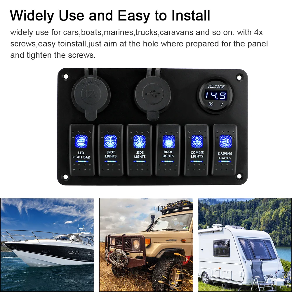 6 Gang Rocker Panel przełączników ON/OFF Światła LED Cyfrowy woltomierz Podwójne porty USB Samochodowy wyłącznik morski DC 12V/24V