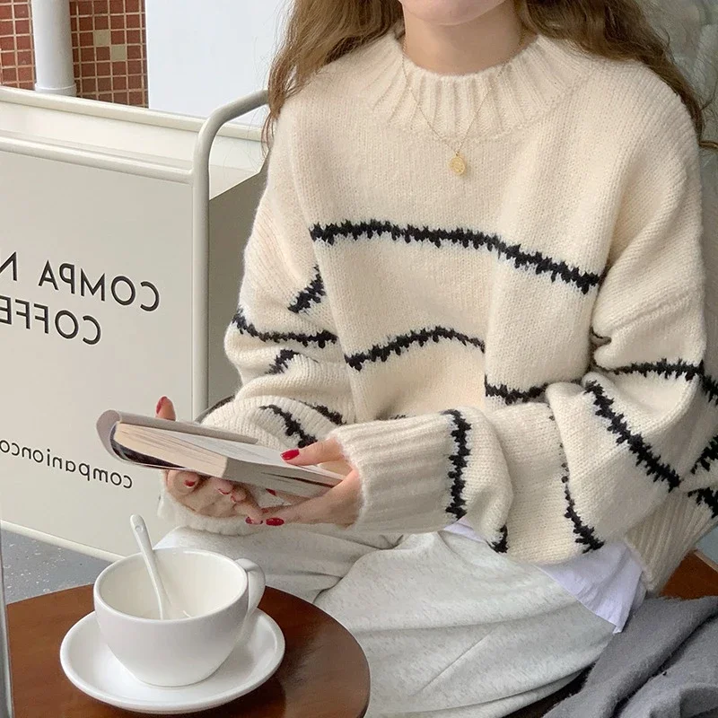 

2024 Autumn Sweaters Lady Fashion Knitwear Women stripe Pullover Sweater Casual Loose Round Neck Long Sleeve bottoming Pullovers