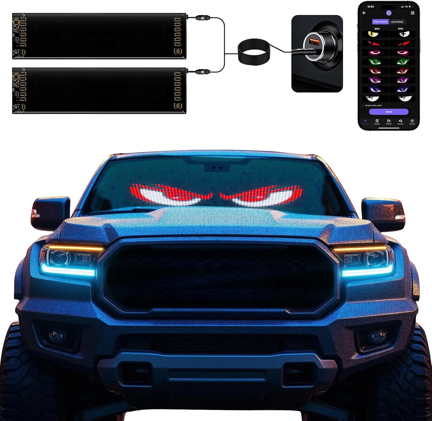 

2 Pack Programmable LED Devil Eyes for Car Windshield, 14.56"x3.62", APP Control Customizable Matrix Display for Cars and SUVs