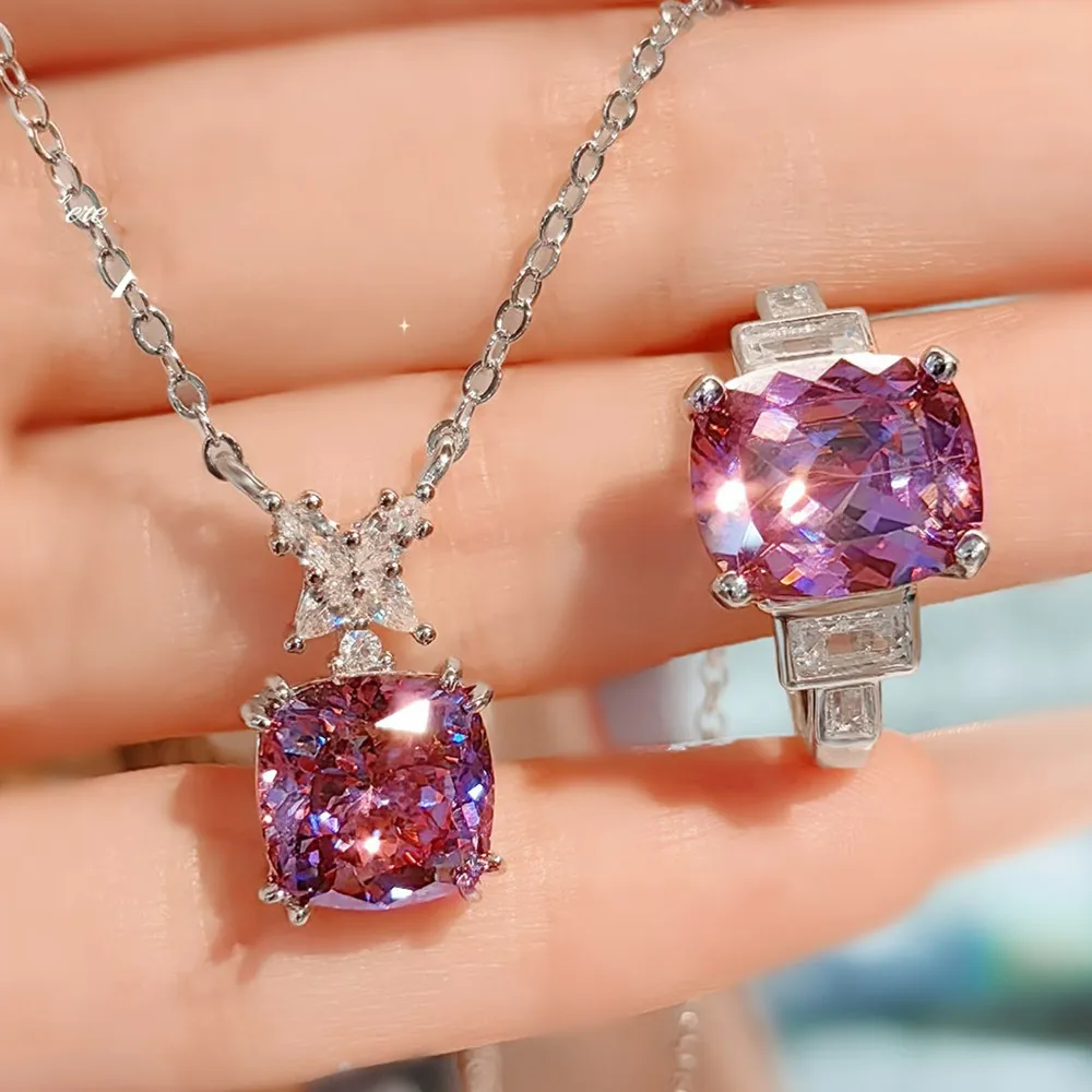 

Sparkling Rose Red High-Carbon Diamonds Pendant Necklace for Women Exquisite Romantic Evening Party Jewelry Sets Silver 925 Gift