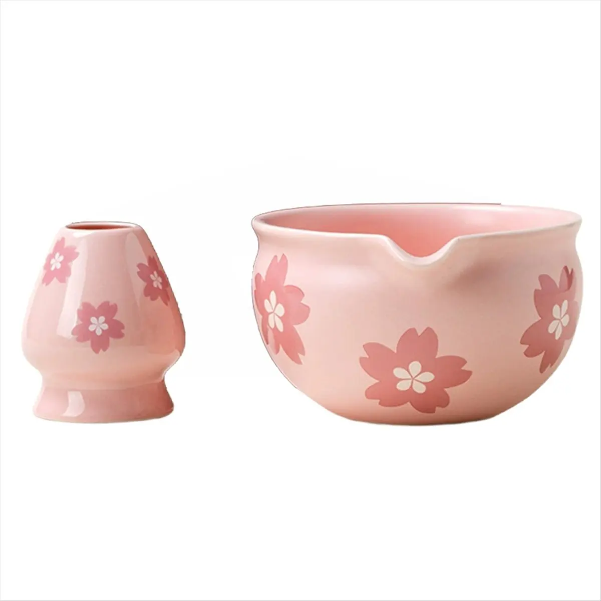 2 Pieces Traditional Japanese Matcha Bowl and Whisk Holder Tea Bowl for Table Tea Ceremony Party Gift Pink Flowers