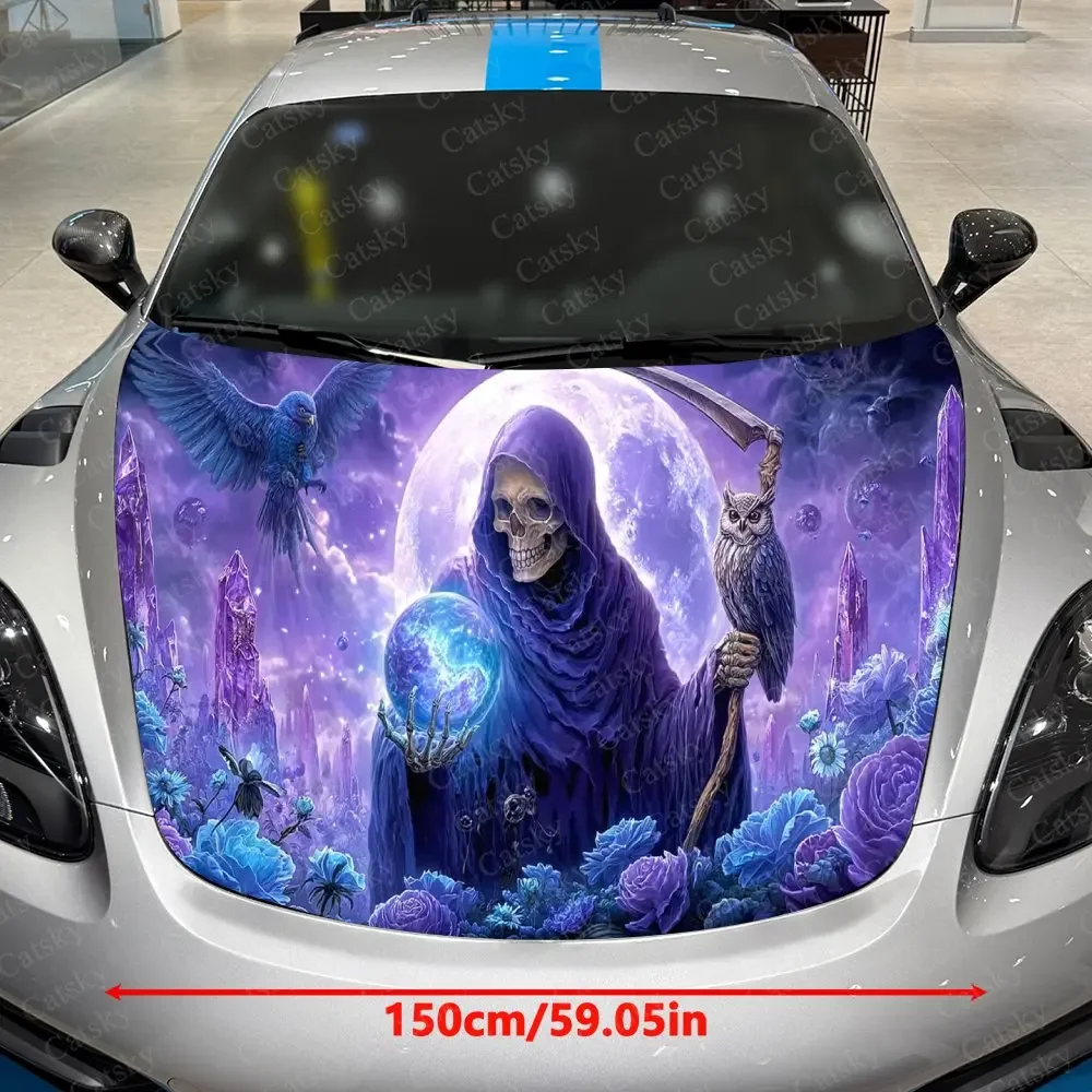 Skeleton Wanderer & Spirit Pets in Purple Moon Realm Car Vinyl Wrap, PVC Material Waterproof Car Hood Sticker, Self-Adhesive Scr