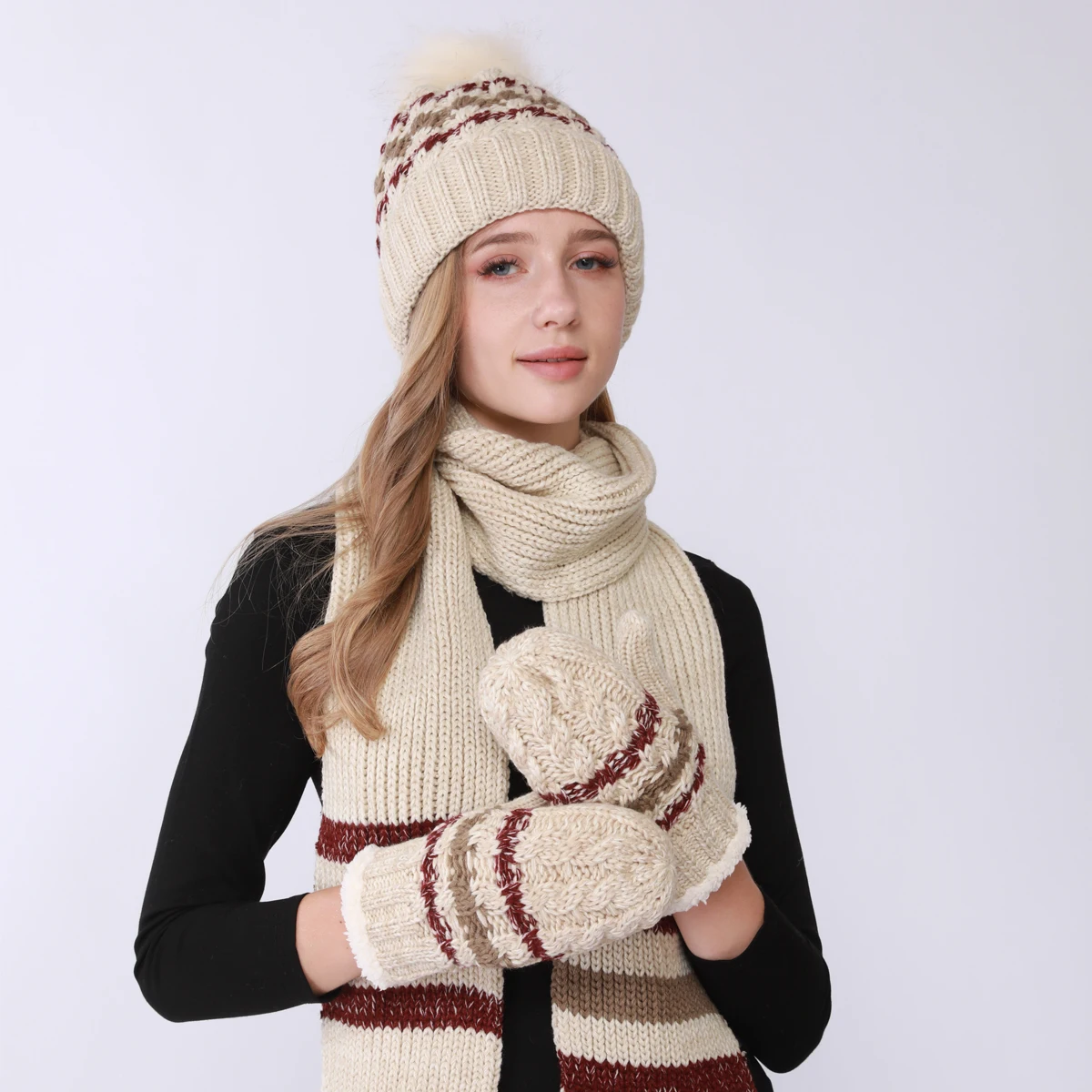 Frauen Solide Wolle 3pc Set Elastische Handschuhe Schal Hut Gestrickte Set Weiche Weihnachten Outdoor Kälte Schutz Warme Herbst und winter Geschenk