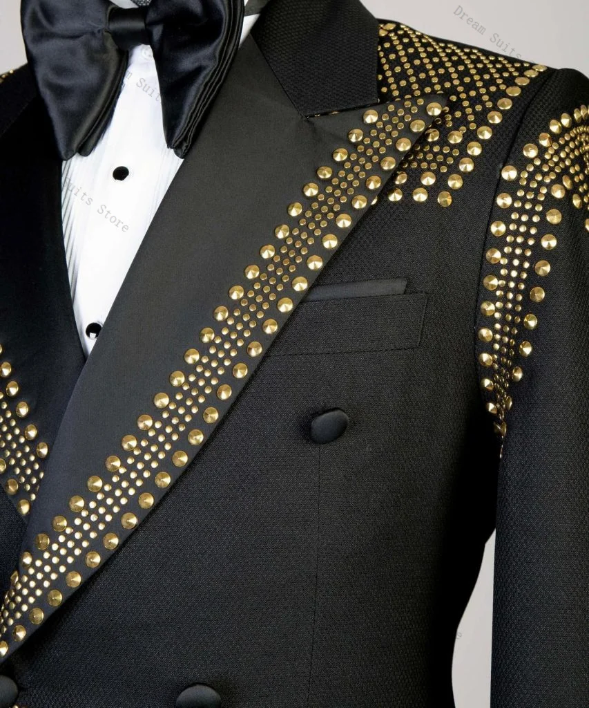 الرجال البدلة مجموعة 2 قطعة السترة + بانت بنطلون فاخر الذهبي بلورات مخصصة مكتب رسمي سترة الزفاف البدلات الرسمية معطف القطن