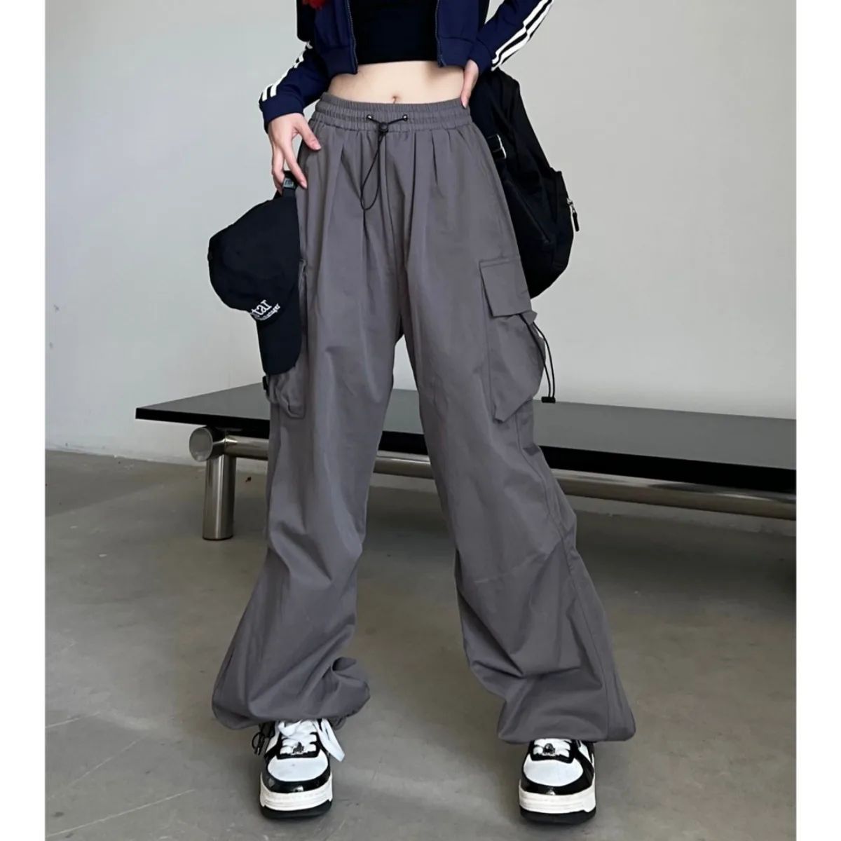 Girls' Harajuku Streetwear Fashion Straight-leg Pants Black Cool Multi-pocket High Waist Versatile Drape Loose Wide-leg Trousers