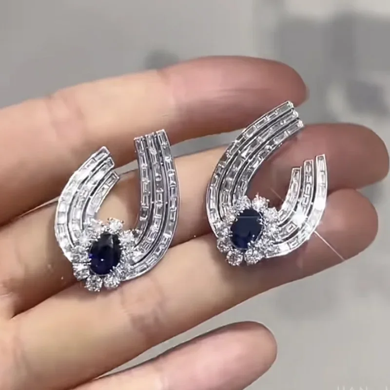 2024 New Fashionable Evening Style Luxury Inlaid 6 * 8mm Blue Jadeite Earrings with High Grade S925 Silver Earrings for Women