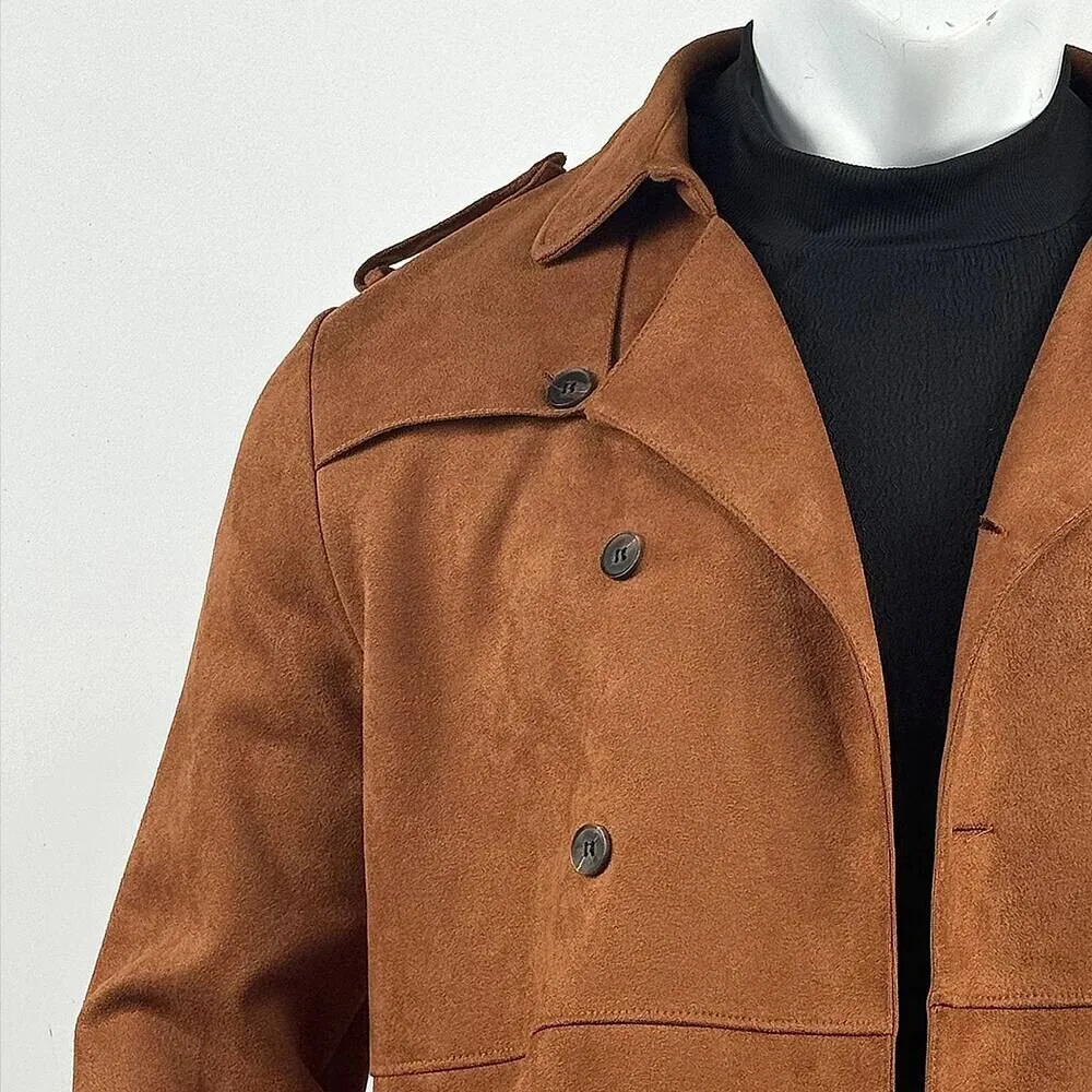 Nowa Jesienno-Zimowa Amerykańska Kurtka Retro z Zamszu Męska Średniej Długości Modna Kurtka w Stylu Streetwear z Klapami, Dwurzędowa