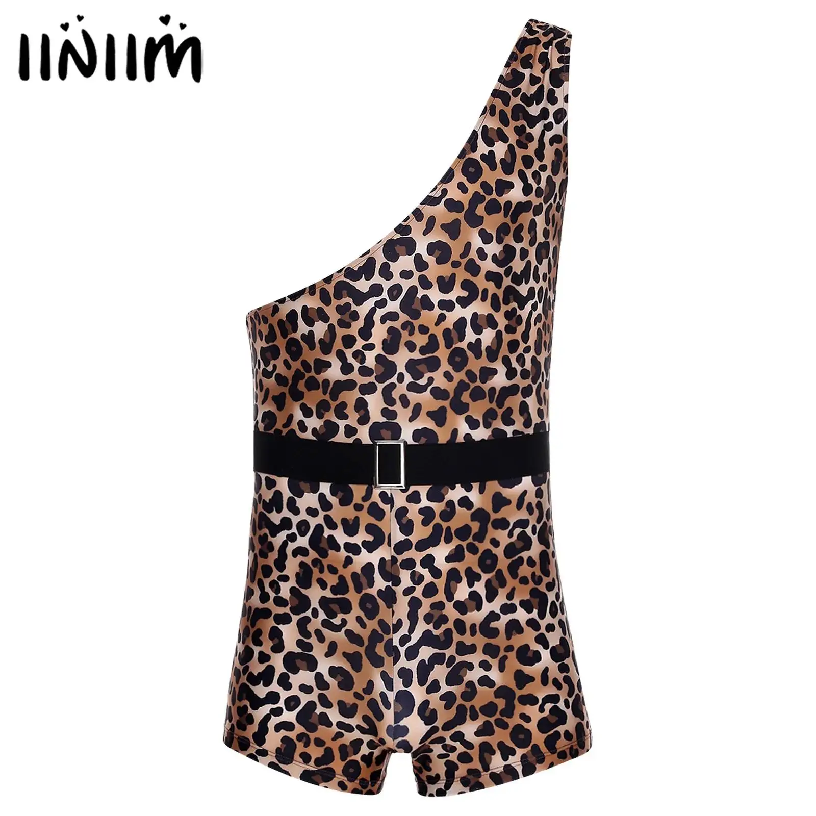 

Mens Halloween Primitive Cosplay Outfits Bodysuit And Waist Belt One Shoulder Printed Rompers with Belt Raves Party Costume