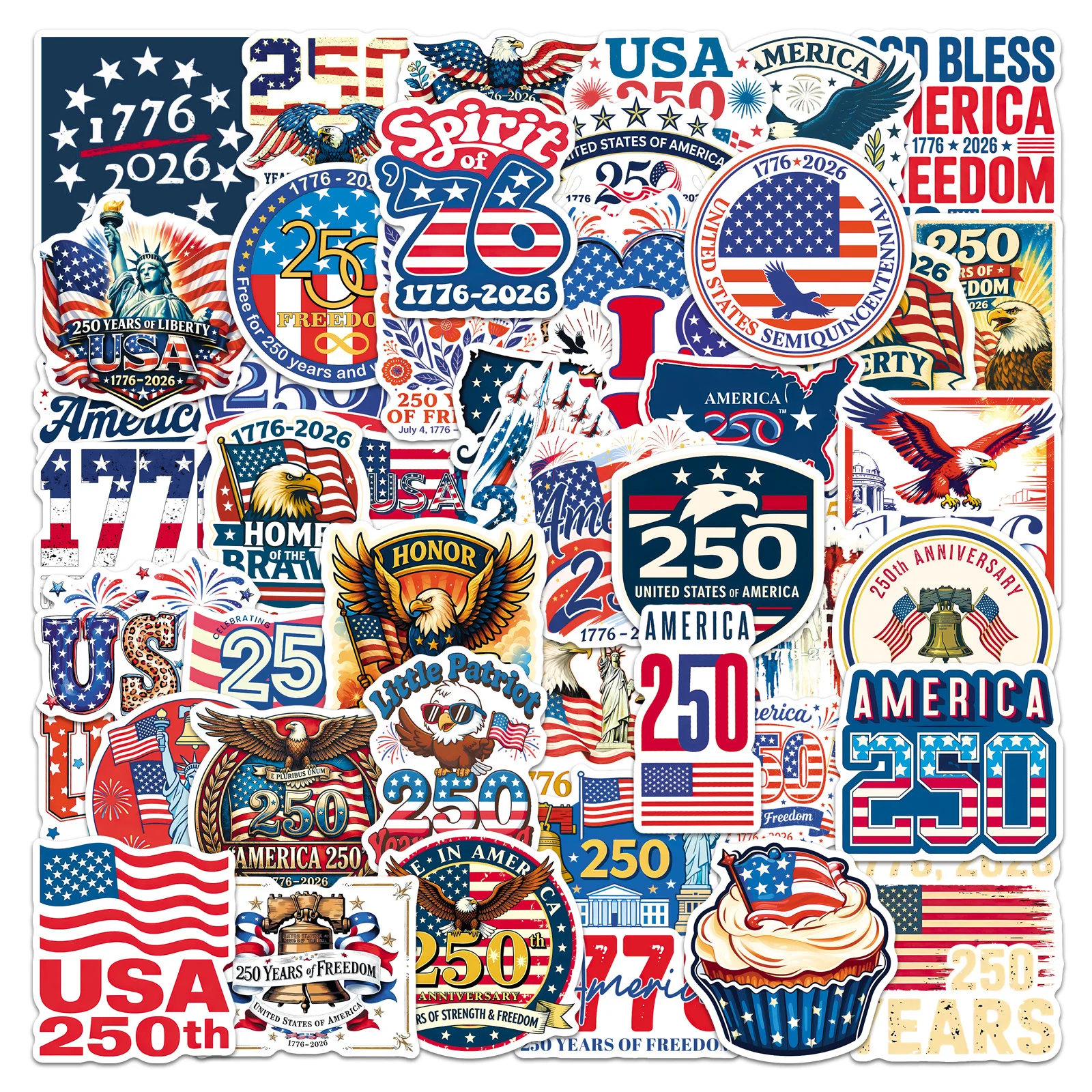 50Pcs 250th Anniversary of the Founding of the United States Waterproof Sticker Skateboarding Retro home decal Sticker
