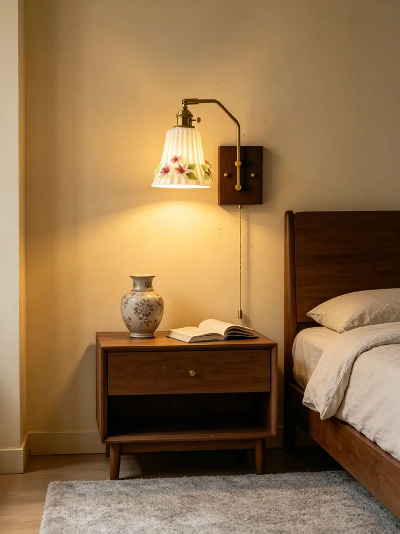 White Ceramic Wall Light Flower Wood Base Switch E27 Bulb