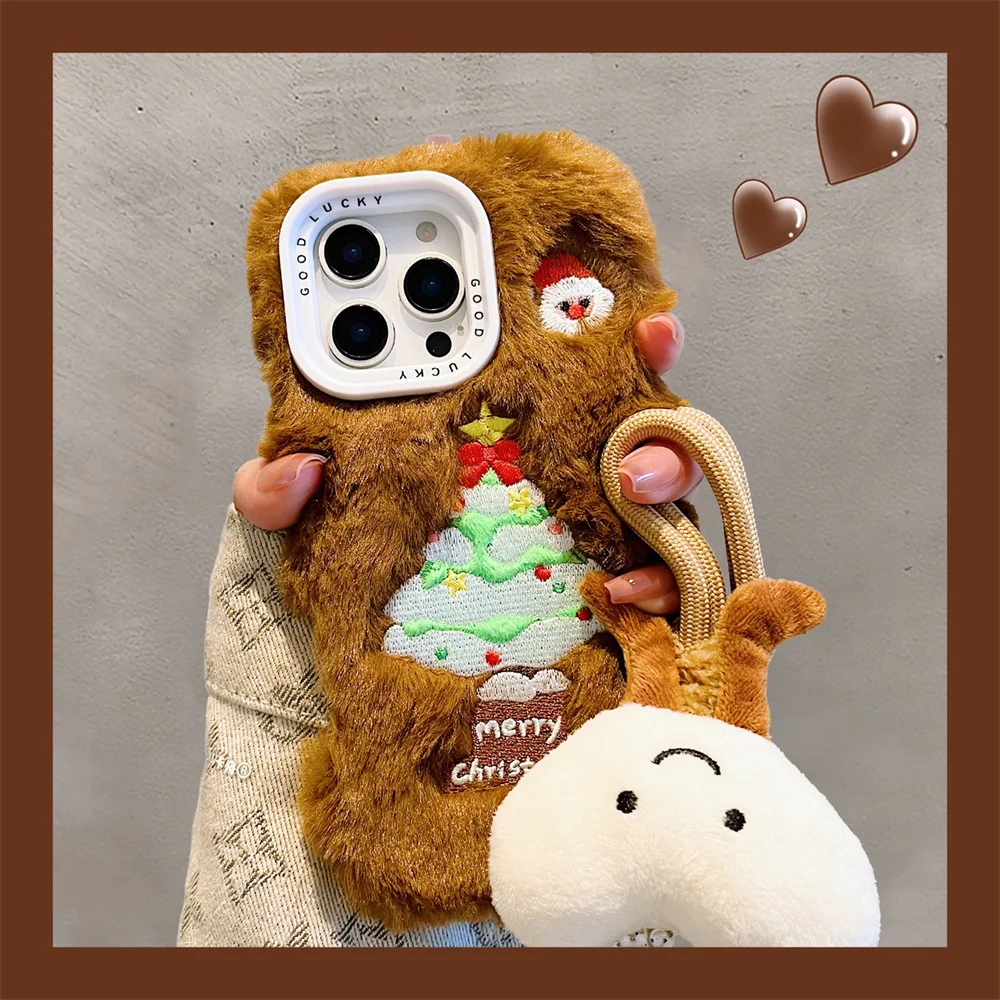 Christmas Tree Plush Fur Hand Strap Case For iPhone 16 15 14 13 12 Pro Max 16 Cut Cartoon Winter Star Pendant Shockproof Cover