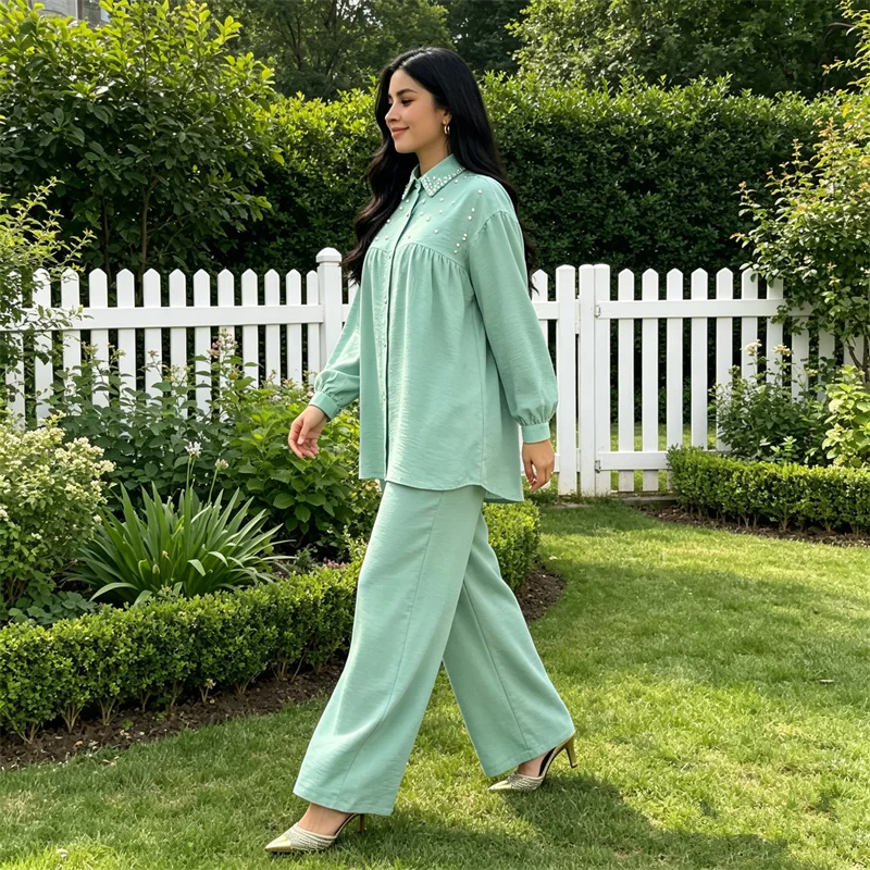 

2PCS Eid Muslim Sets for Women Beaded Shirt and Pants Islam Clothing Turkey Abaya Tops Trousers Ramadan Outfits Femme Ensembles