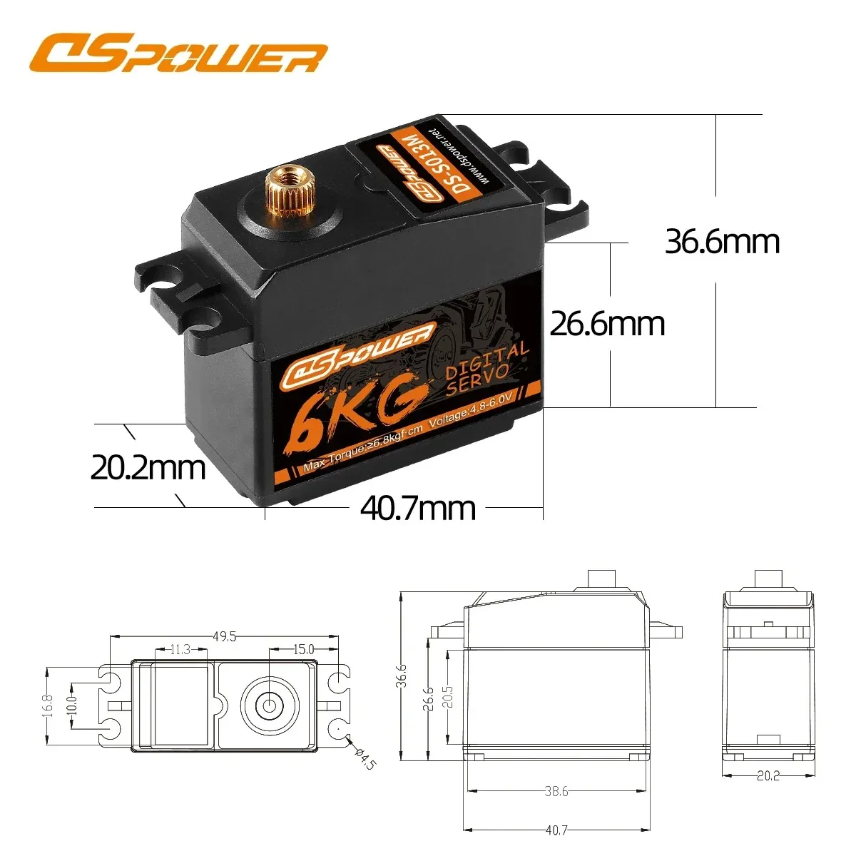DSPOWER 6KG Wodoodporne Serwo Cyfrowe z Metalowymi Przekładniami i Złączką JR do Samochodów RC 1/10 1/12, Ciężarówek, Crawlerów, Samolotów, Dronów, Helikopterów, Zabawek i Robotów
