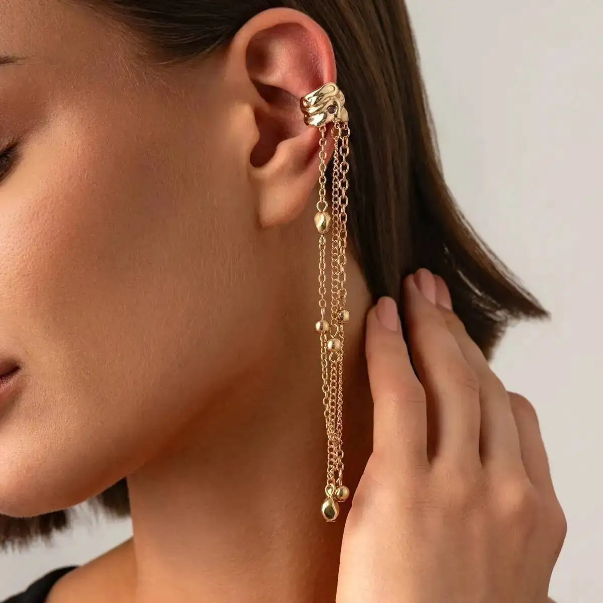 SHIXIN Trendy Exquisite Long Tassel CCB Beads Chain Ear Clip Earring Women Charm 1PC Ear Cuff C-Shape No Piercing Earing Jewelry