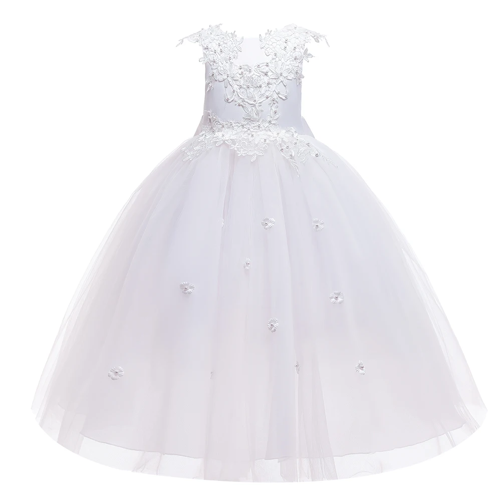 Formale Tüll Blume Brautjungfer Mädchen Kleid Vestido Weiß Hochzeit Prinzessin Prom Kinder Party Kleider Für Mädchen Bogen Geburtstag Kostüm