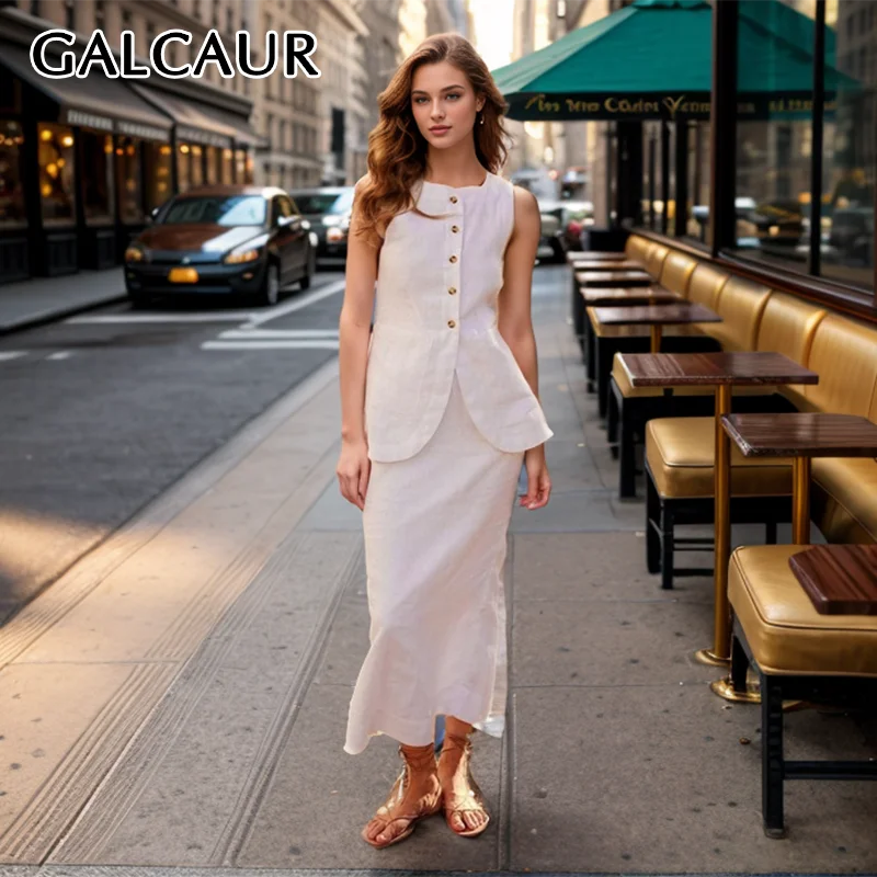 GALCAUR-Ensemble deux pièces blanc pour femme, col rond, simple boutonnage, taille haute, jupe midi adt, décontracté, vêtements d'été, 2025