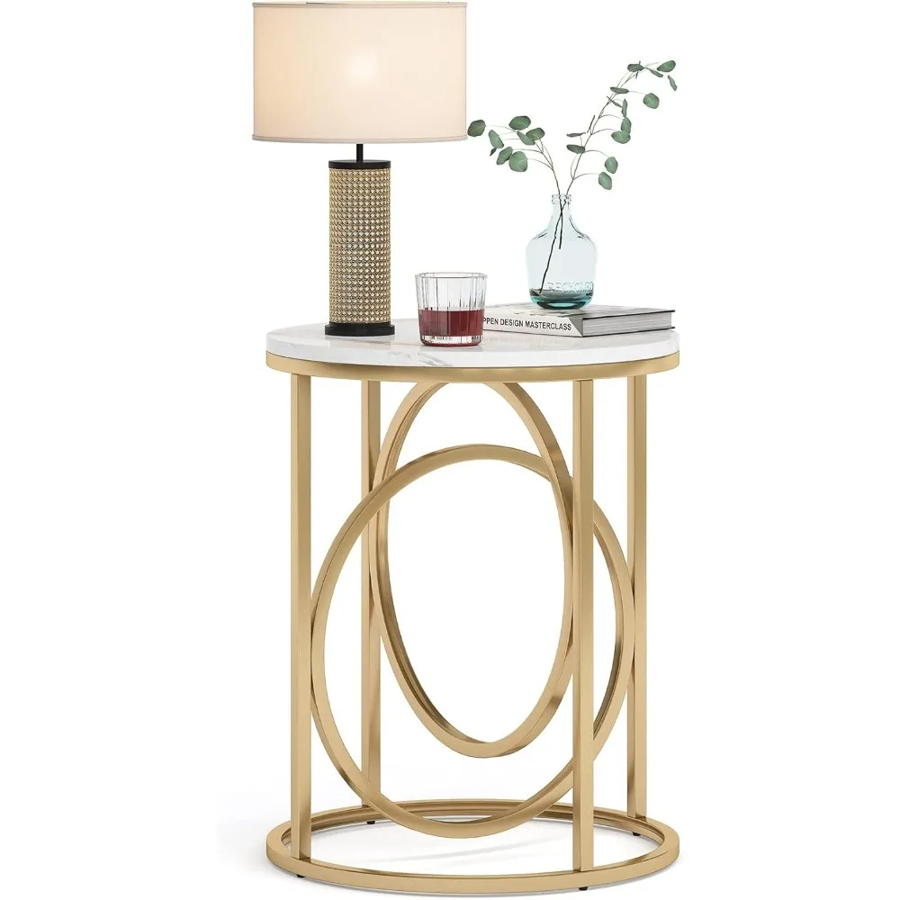 

Round End Table for Living Room, Modern Marble Side Table with Gold Metal Frame, White and Gold Accent Table, 26-Inch