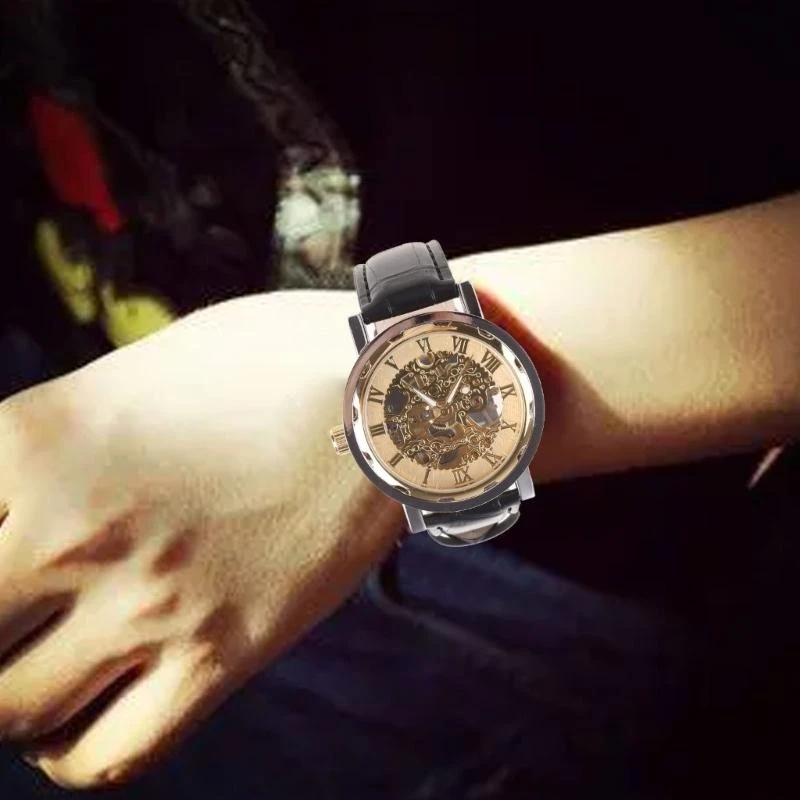 31BB Mens Leather Gold Skeleton Mechanical Sport Wrist Watch