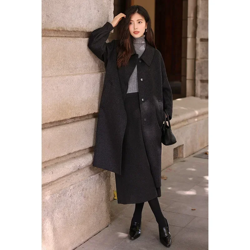 ] Camel velvet mulberry silk coat | Casual temperament woolen coat women's lazy wind coat