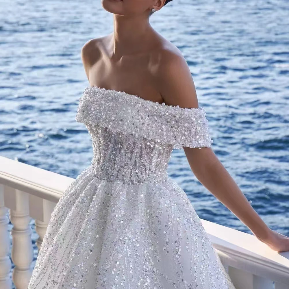 Graceful White Wedding Dresses Exquisite Sequined Off the Shoulder Chapel Train Princess Women Gowns Bridal Dress Vestidos 2024