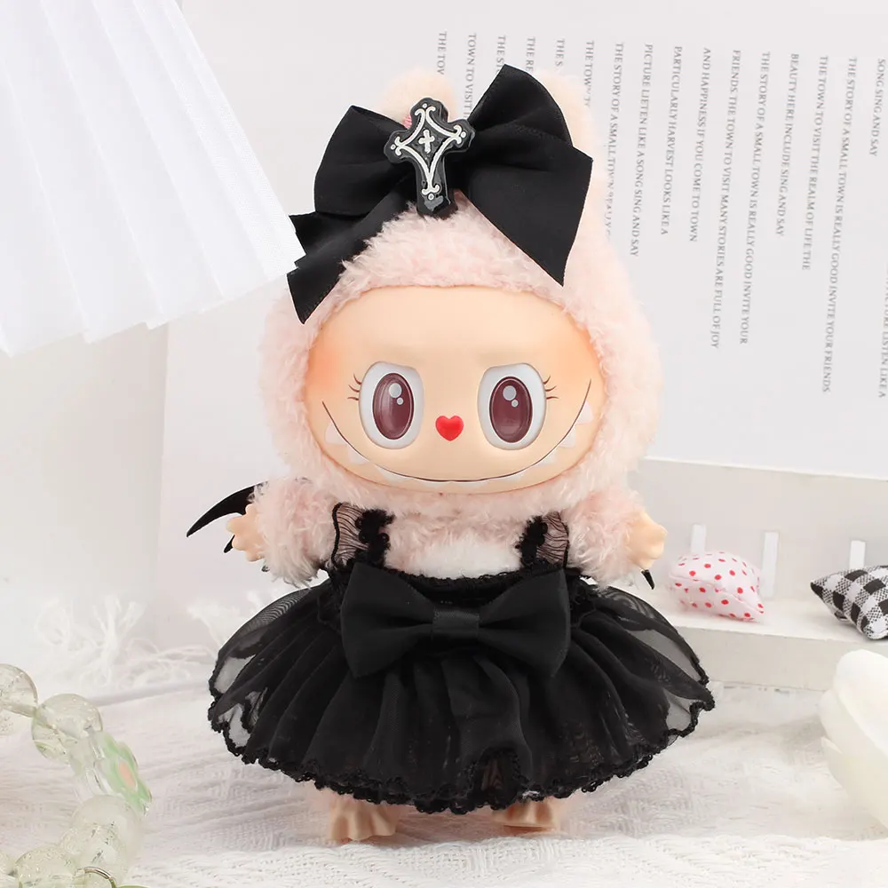 Für Labubu Puppenkleidung Ein Rock mit schwarzen Fledermausflügeln Halloween-Puppenkostüme 17 cm Kleidung Schuhe Puppe DIY-Zubehör