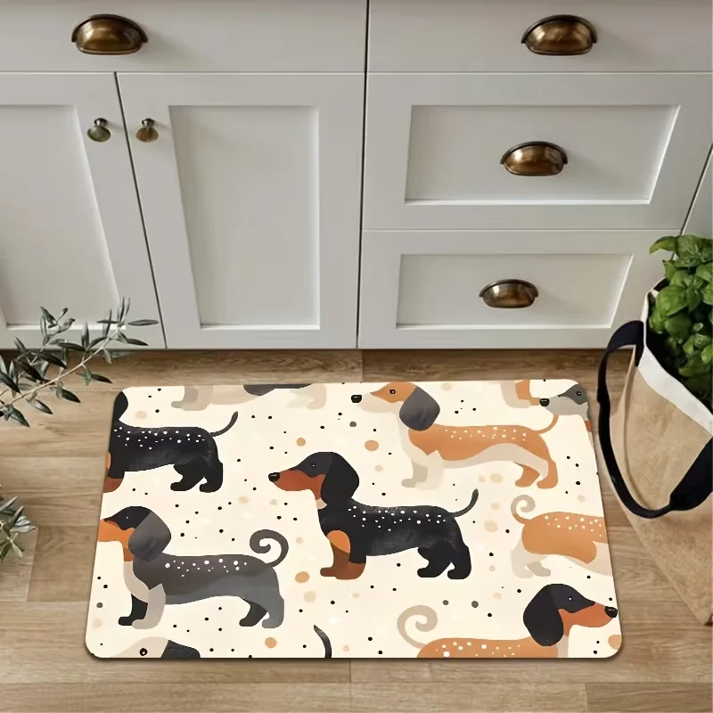Cute Dachshund Welcome Doormat Polka Dot Sausage Dog Floor Rug Indoor Outdoor Entrance Carpet for Living Room Kitchen Decor
