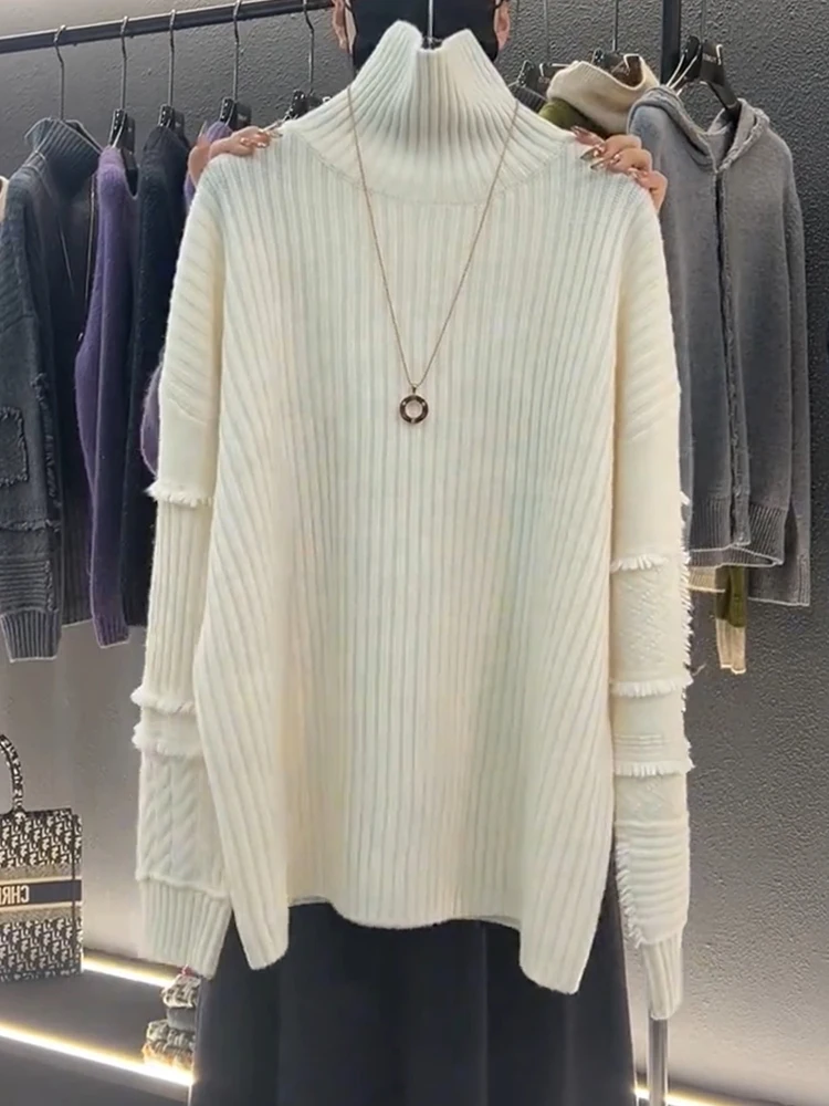 

Korean Sle High Collar Casual Knitwear Winter 2024 plus Size Lazy Sle Sweater Wool Yarn Bristle Design Comfortable Sweater