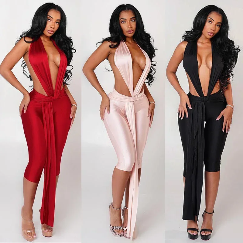 

Leosoxs Sexy Halter V Neck Jumpsuits 2025 Women Summer Club Elegant Bodycon One Piece Party Shiny Jumpsuit Bodysuit Playsuit