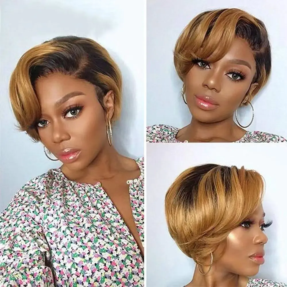 Highlight Honey Blonde Ombre Color Straight Short Bob Pixie Cut T Part Lace Human Hair Wigs For Black Women Brazilian Front Wig