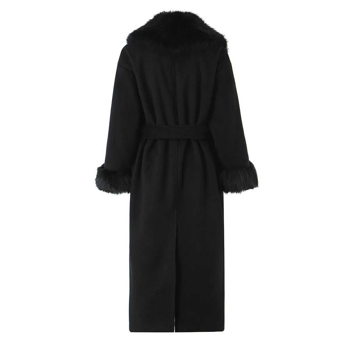 Cappotto invernale in pelliccia ecologica da donna con cintura nera Colletto peloso Impiombato sul retro Giacca in pelliccia di visone da donna Cappotto lungo ed elegante in pelliccia ecologica femminile