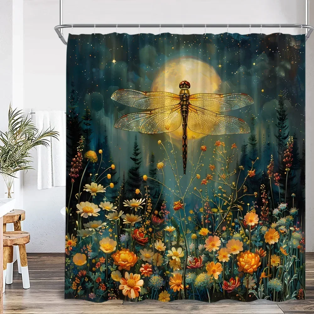 Vintage Butterfly Floral Shower Curtain Dragonfly Flower Moon Plant Skull Witch Magic Shower Curtain Bathtub Decoration