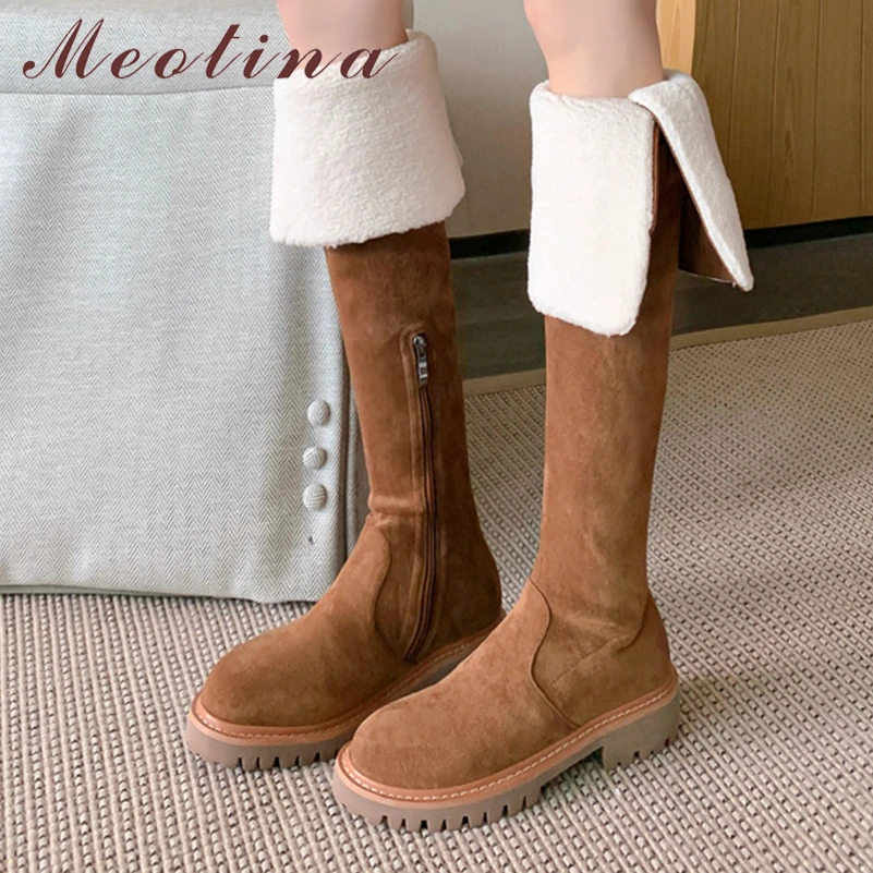 Meotina Women Genuine Leather Over-the-Knee Boots Round Toe Flats Zipper Buckle Long Boots Ladies Fashion Shoes Autumn Winter 40