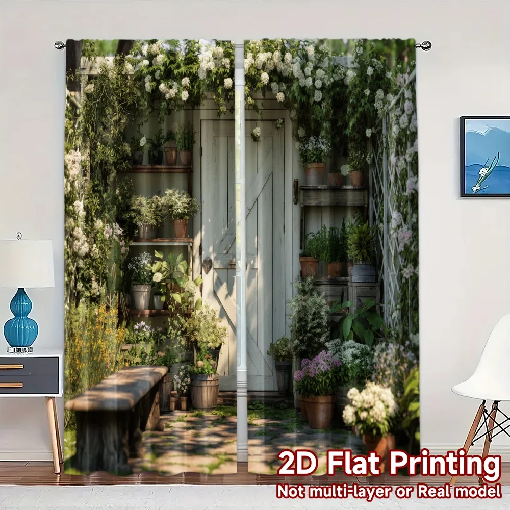 2pcs, 2D FLAT PRINTING Curtains (Without Rod) Garden Retreat Modern Window Curtain 100% Polyester Curtains Decorations For Home