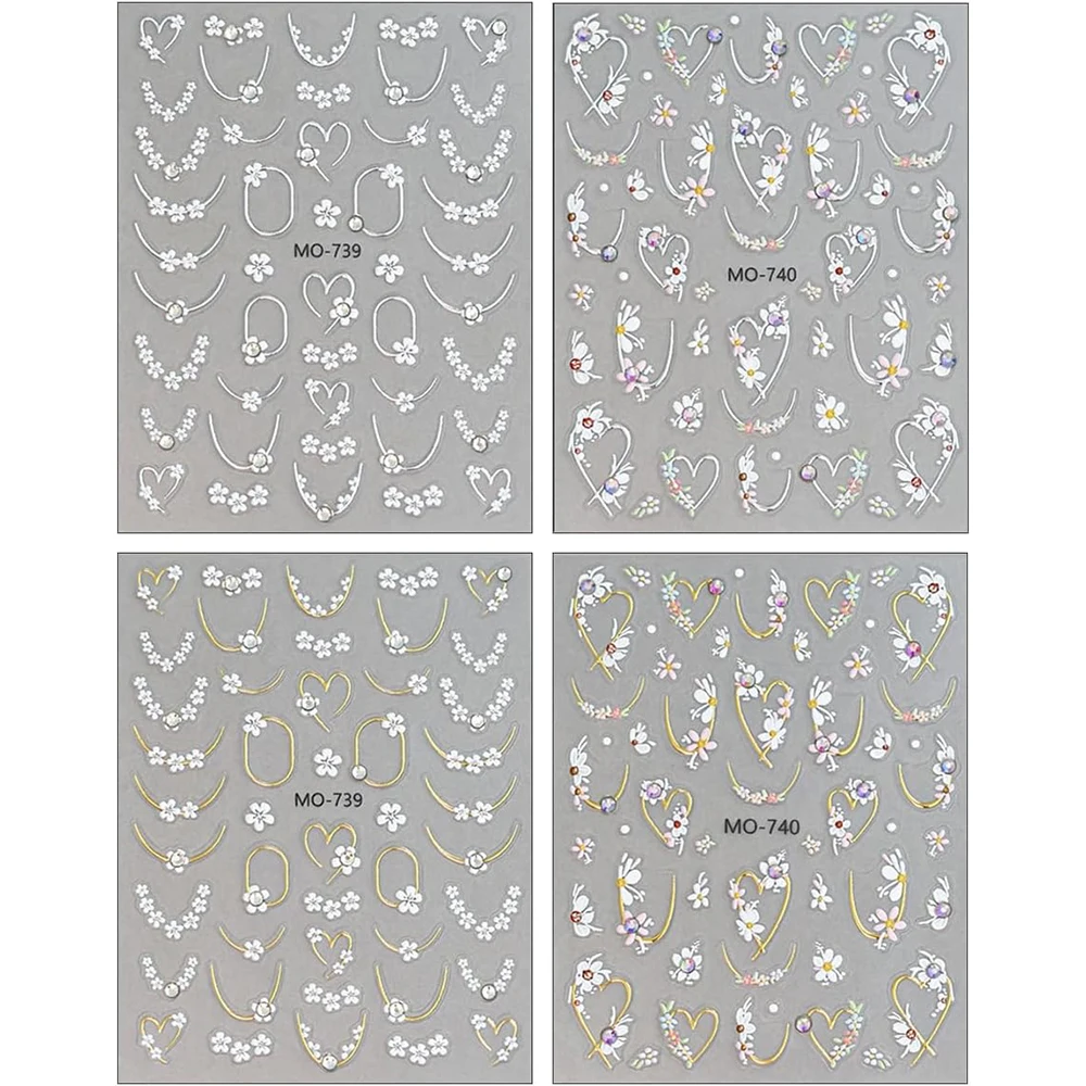 4 Stück Diamant-Blumen-Nagelaufkleber 3D Frühling Sommer Nageldekoration Gold Silber Linie Herzförmige Edelsteine Französische Nageldesigns Hochzeit – Detail 4