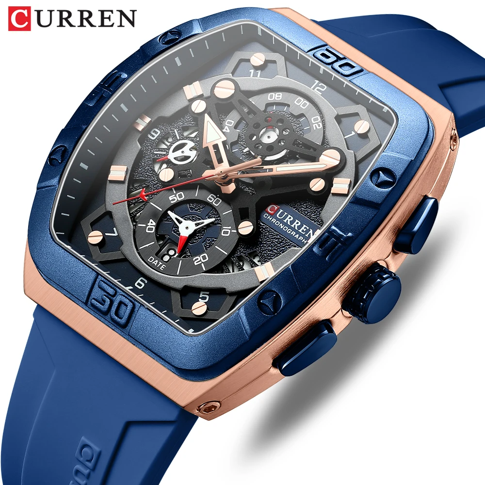 CURREN Montres-bracelets à quartz de sport de luxe pour hommes Montre de type tonneau multifonctionnelle colorée avec date automatique