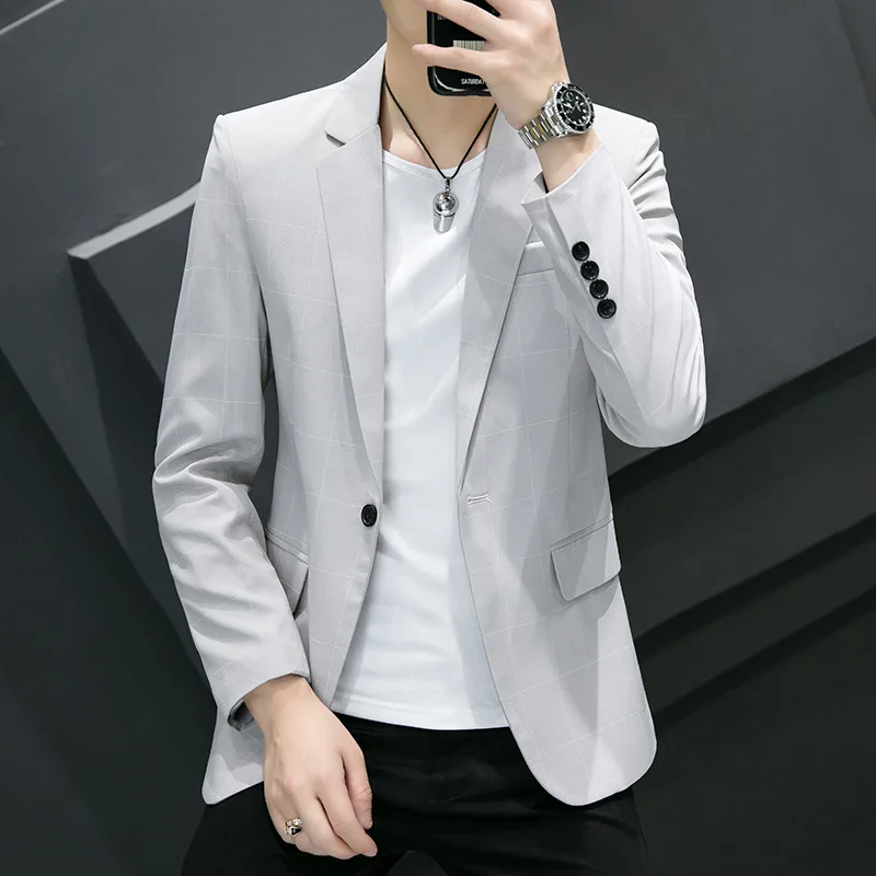 

HOO 2023 Men's Spring Versatile New Business Plaid Suit Jacket Youth Slim Fit Fashion Casual blazer