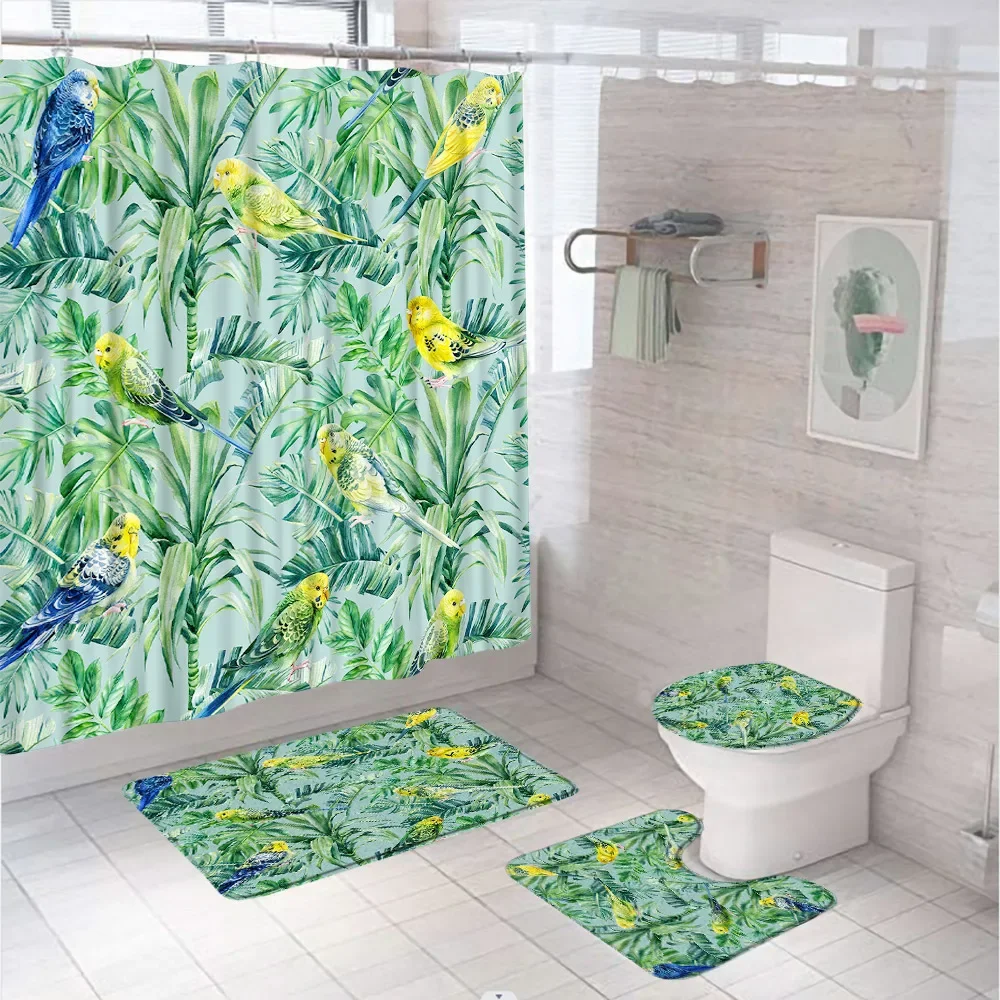 Tropical Leaves Animal Shower Curtain Set Antelope Giraffe Bee Parrot Flower Zebra Kids Bathroom Decor Bath Mat Rug Toilet Cover