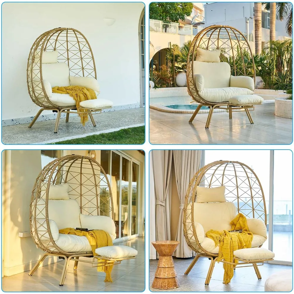 Wicker Egg Chair with Cushion & Footrest - Oversized 450lb Capacity Boho Hanging Chair for Indoor/Outdoor - Beige Rattan Lounge