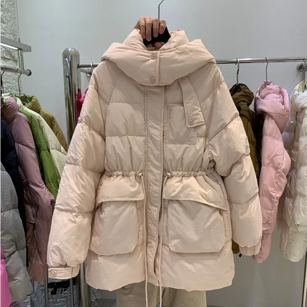 White Duck Down Jacket 2024 New Autumn Winter Women Hooded Outwear Solid Casual Over Size Adjustable Waist Coat Female Fashion