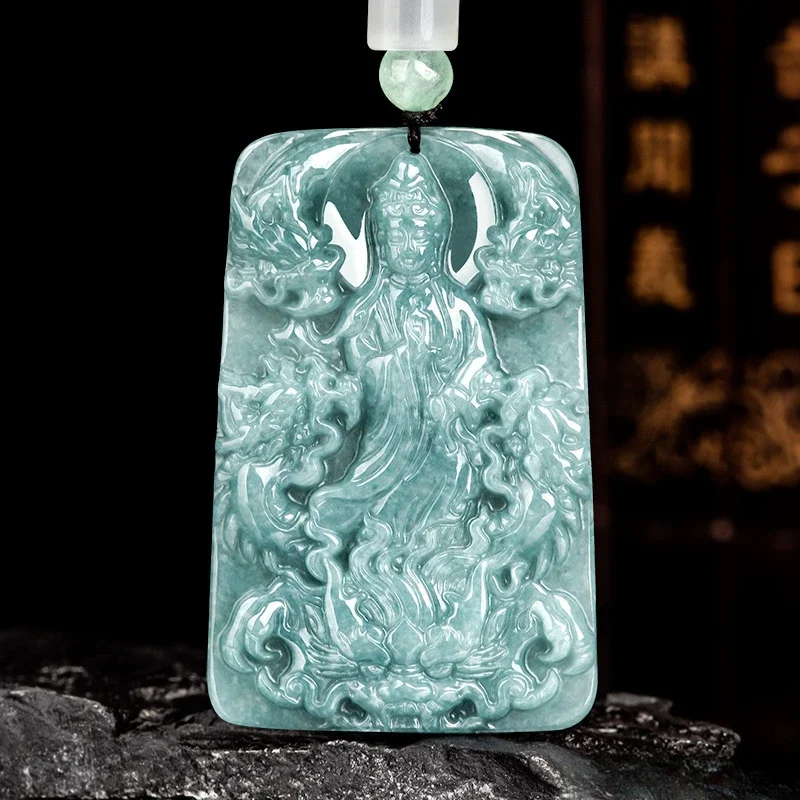 

100% A-grade Myanmar Jade Pendant Blue Water Nine Dragon Guanyin Pendant Ice Seed Jade Pendant Men's and Women's Jade Necklace
