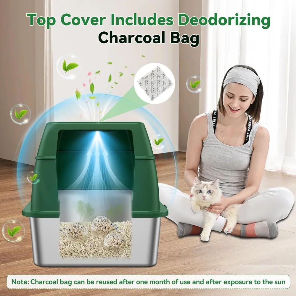صندوق نفايات القطط من الفولاذ المقاوم للصدأ كبير جدًا مقاوم للصدأ مع غطاء مقاوم للرائحة وغطاء حصيرة القمامة لحجم XL #4