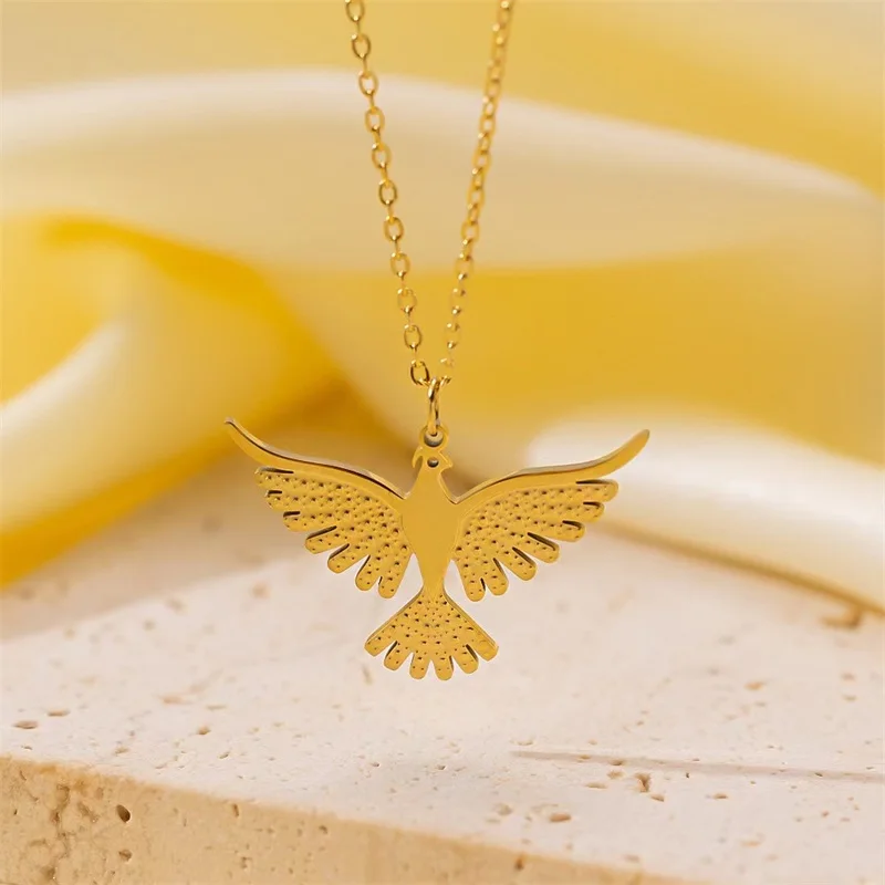 GANEMLY 316L Stainless Steel Eagle Phoenix Pendant Necklace For Women New Trendy 18K Gold Plated Neck Chain Waterproof Jewelry