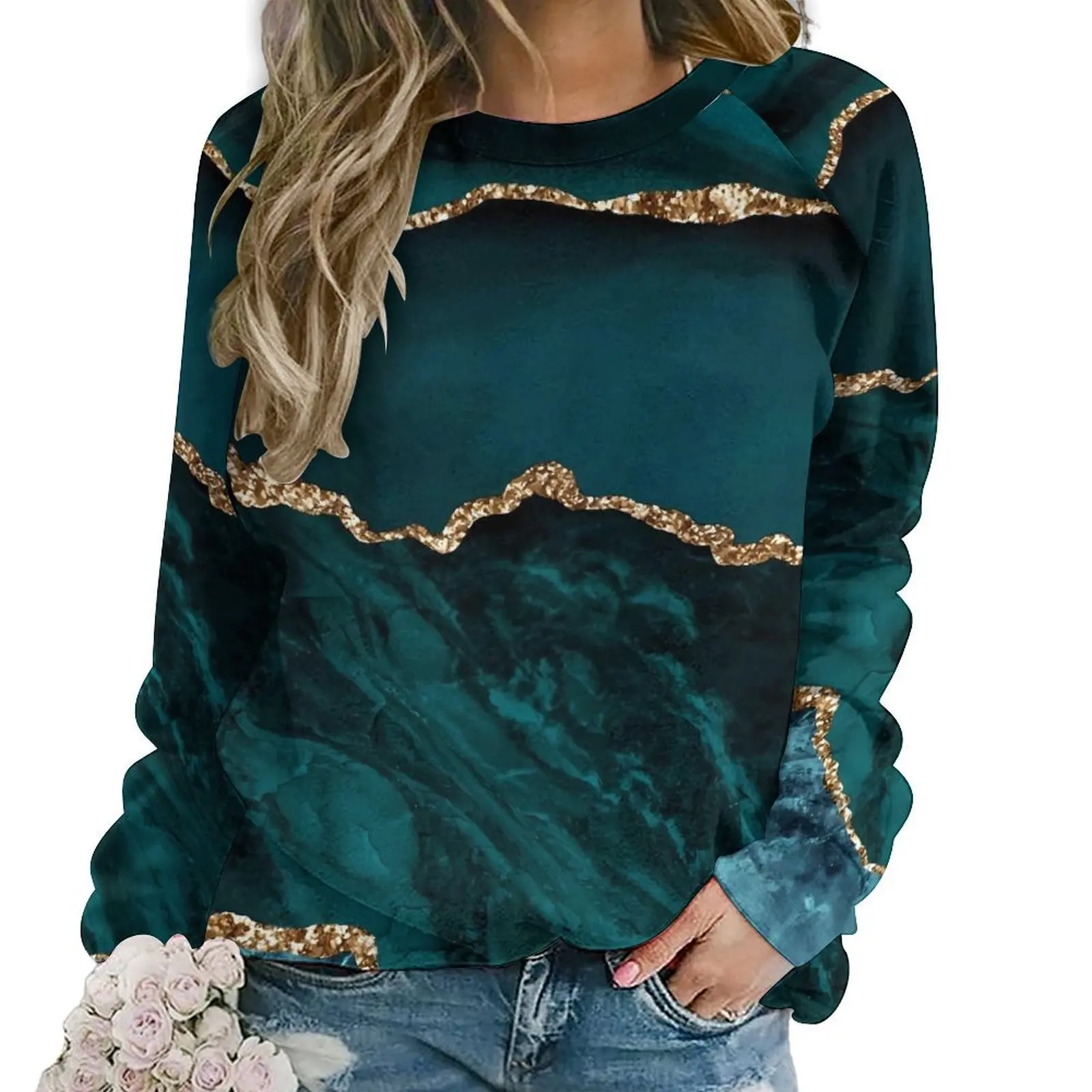 Gold Marble Hoodies Female Blue and Green Harajuku Casual Hoodie Long-Sleeve Elegant Graphic Clothes Big Size 2XL 3XL